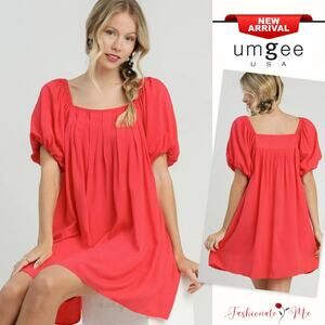 Umgee Squared Neck Short Puff Sleeves Pleated Detail Loose Fit Mini Dress | Red